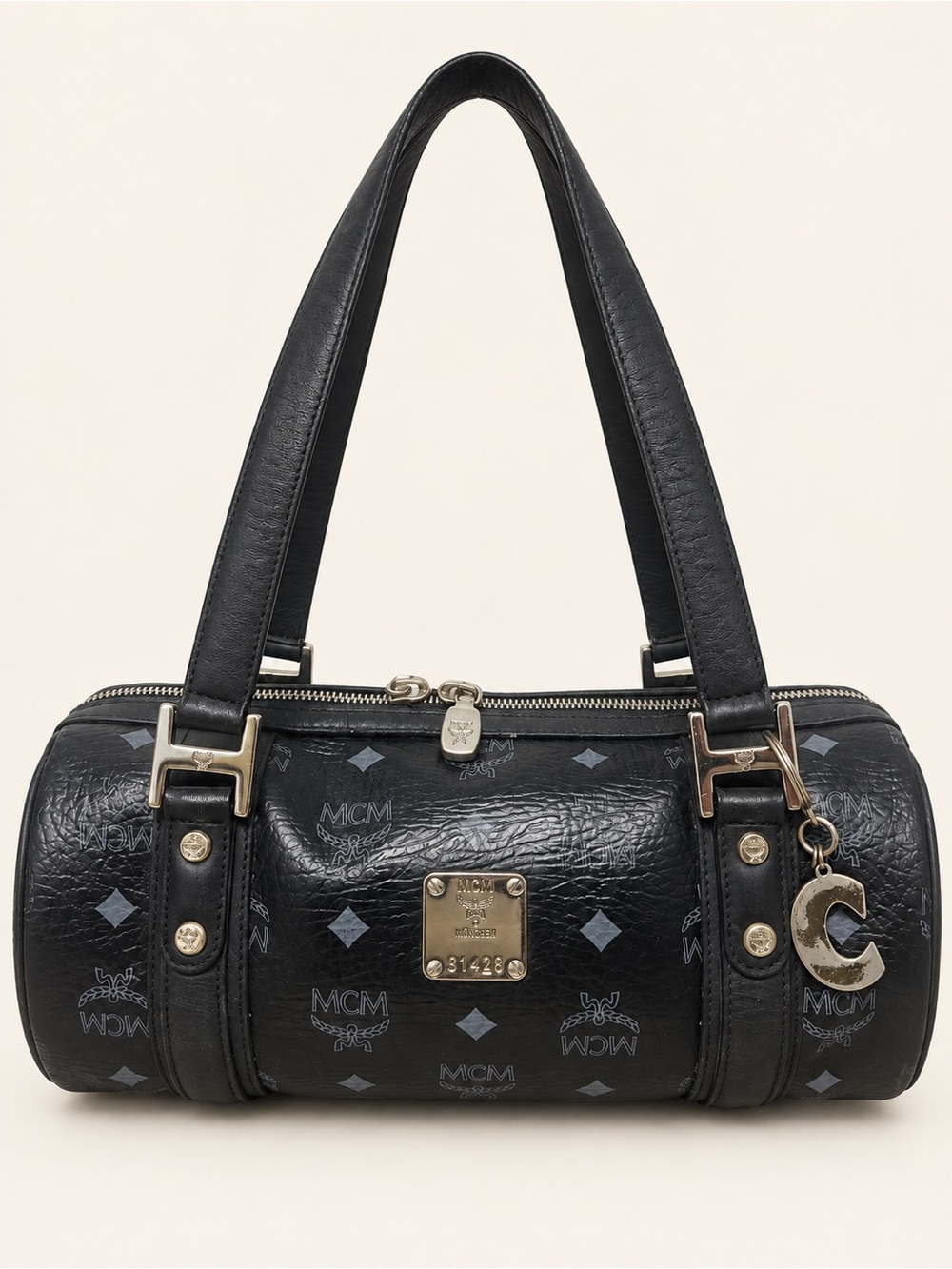 MCM Visetos Essential Barrel Bag Black Silver-Tone Shoulder Bag